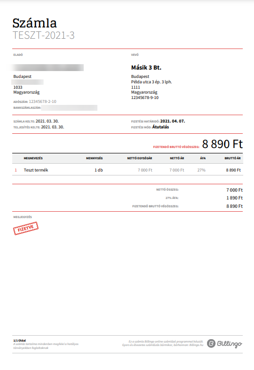 a számla pénzügyi teljesítést nem igényel