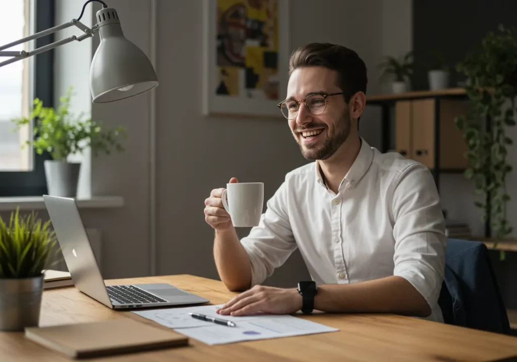 ÁFA kalkulátor, vállalkozó laptop előtt dolgozik modern irodában