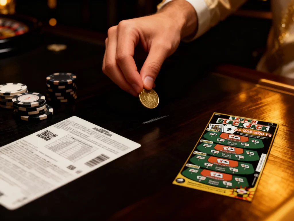 Kaszinóhangulatot idéző jelenet, ahol egy játékos Szuper Black Jack sorsjegyet kapar le zsetonok és aranyérmék között.
