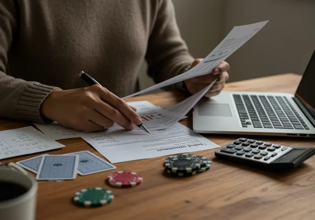 Szerencsejátékból származó nyeremény adózásának ellenőrzése dokumentumokkal, számológéppel és laptop mellett